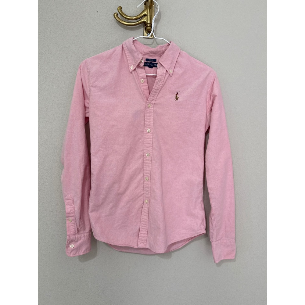 Ralph Lauren Button Down Shirt Womens 0 Pink Slim Fit Oxford Long Sleeve Pony